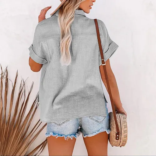 Vista 5 de SMIDOW Camisas de lino de algodón con botones para mujer, cuello en V, manga corta, enrollables, blusas de cuello holgado, blusas casuales de trabajo