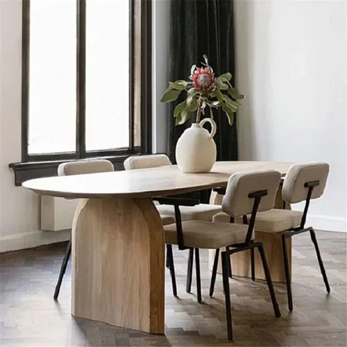Vista 8 de Moderna mesa ovalada sólida con doble pedestal, madera natural, muebles de estilo Wabi-sabi para comedor, cocina, ocio, mesa de centro, color Marrón