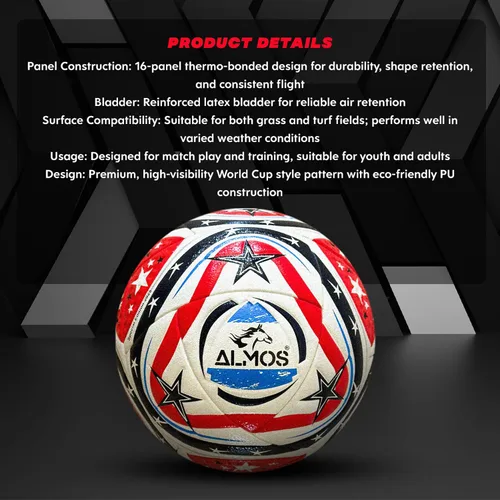 Vista 3 de Almos Club World Cup Balón de fútbol profesional – para ligas, clubes, entrenamiento, rendimiento de partidos, fútbol interior y exterior 16