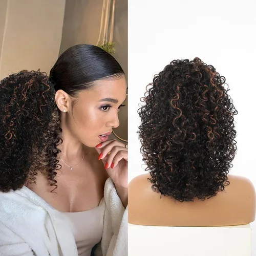 Vista 8 de Youthfee Cola de caballo con cordón para mujer, cola de caballo rizada profunda, sintética mezclada con cabello humano, negro natural, afro, rizado