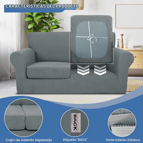 Vista 4 de Jiviner Fundas elásticas para sofá de 3 piezas para sofá de 2 cojines, funda gruesa para sofá biplaza con 2 fundas de cojín para sala de estar Gris