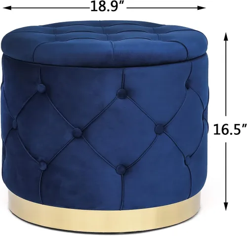 Vista 3 de Adeco Otomana redonda de almacenamiento, banco tapizado con botones de terciopelo con tapa extraíble, mesa auxiliar, reposapiés, asiento para sala