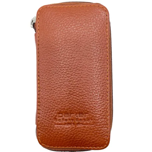Vista 4 de Parker Saddle‑ Estuche de cuero marrón para maquinilla de afeitar de doble filo con compartimento para cuchillas – Bolsa de viaje con cremallera