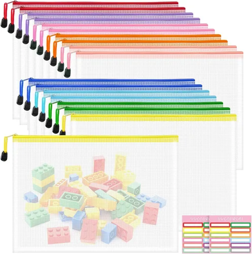 Vista 47 de 9 bolsas de malla con cremallera, tamaños A3, 9 colores, almacenamiento de juegos de mesa, viajes, escuela, organización de oficina