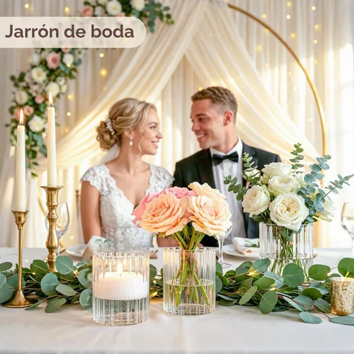 Vista 5 de ComSaf 6 piezas de jarrones cilíndricos de vidrio mini de 3.9 pulgadas de altura, pequeño jarrón para flores, jarrones cortos acanalados