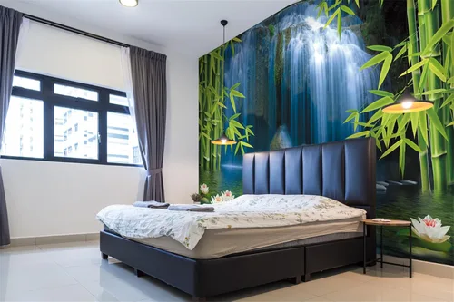 Vista 2 de FLFK Murales de pared autoadhesivos de cascada de bambú 3D de 78.7 x 59 pulgadas, papel tapiz para despegar y pegar, pintura para decoración