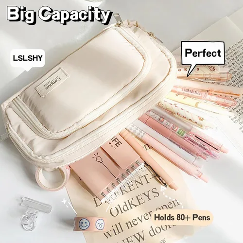 Vista 2 de LSLSHY Estuche grande de tres capas con cremallera para lápices, suministros de papelería para adolescentes, niñas, niños y estudiantes (beige)