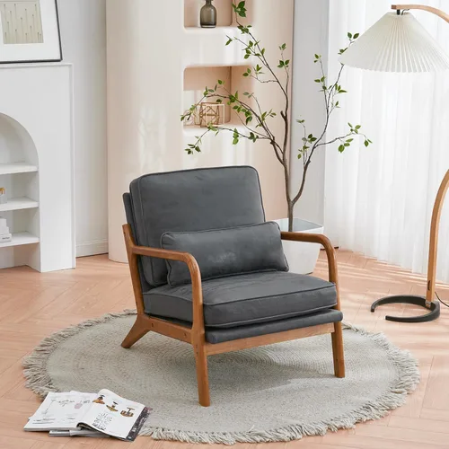 Vista 6 de Accent Chairs for Living Room Armchair with Oak Armrest, Upholstered Single Lounge Chair Comfy Bronzing Cloth Reading Vanity Sofa Chair,Indoor Dark