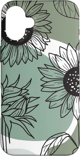Vista 22 de iPhone 16 Aesthetic Sunflower Line Art Minimalistic Sage Green Case