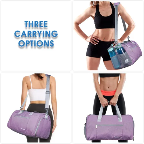 Vista 6 de Bolsa de gimnasio deportiva con bolsillo húmedo y compartimento para zapatos, bolsa de entrenamiento para hombres y mujeres, 4-Morado