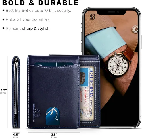 Vista 5 de SERMAN BRANDS RFID Blocking Slim Bifold Genuine Leather Minimalist Front Pocket Wallets for Men with Money Clip Thin Gift Azul Atlántico 1.S