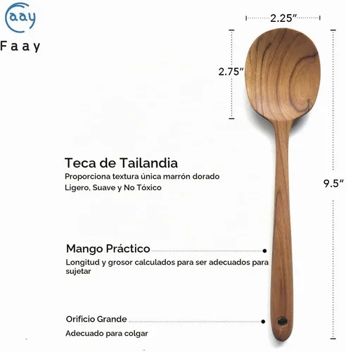 Vista 2 de FAAY Cucharas de cocina y ensalada de teca tailandesa (paquete de 2), 9.5 pulgadas, hechas a mano en Tailandia, acabado de aceite de coco natural