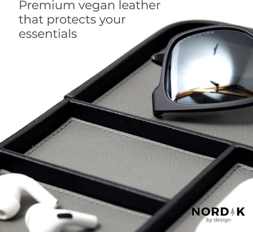Vista 3 de Nordik - Bandeja de valet de cuero, color negro guijarro, bandeja de mesita de noche elegante y organizada de cuero vegano de primera calidad