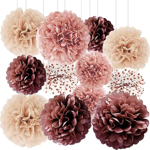 Vista 15 de BRZIKWT 12 pompones de papel de seda de punto ondulado degradado negro y dorado para fiesta, techo, colgar en la pared, decoración de flores