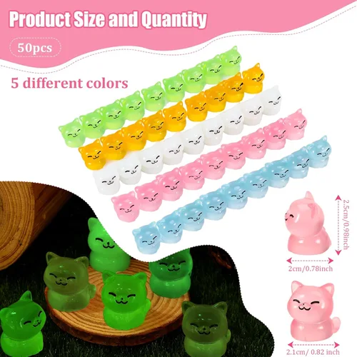 Vista 2 de 50 piezas de mini figuras luminosas de resina de animales de gato pequeño que brillan en la oscuridad, estatuas de gatos en miniatura adornos