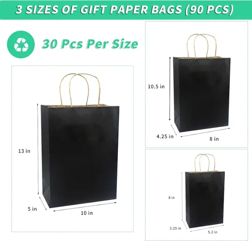 Vista 2 de FACEBAG Paquete de 90 bolsas de papel kraft negro con asas a granel, bolsas de regalo de varios tamaños para favores, comestibles, venta al por