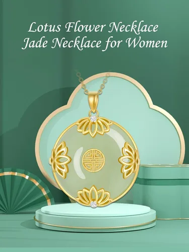 Vista 3 de HPQQ Jade Lotus Necklace for Women 14k Gold Plated Sterling Silver LotusSunflowerRoseMushroom Round Jade Jewelry Anniversary Birthday Gifts for