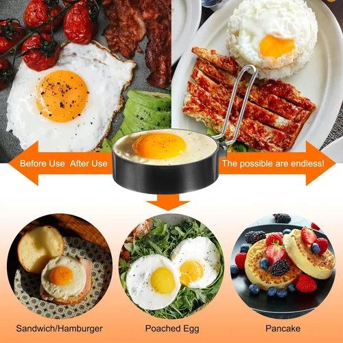 Vista 6 de HARFINGTON 2 anillos de huevo de 3.5 pulgadas de acero inoxidable antiadherente para panqueques con mango de silicona para freír huevos, sándwich