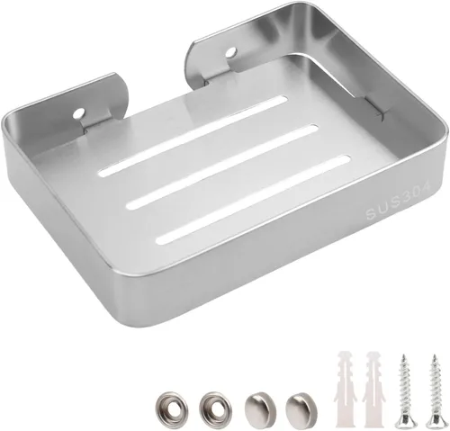 Vista 9 de Jabonera de acero inoxidable plateado para jabón montado en la pared con tornillos, jabonera resistente para barra de jabón elegante soporte