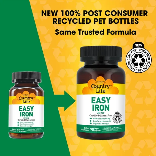 Vista 3 de Country Life Easy Iron 25 mg Suplemento de hierro suave y sin estreñimiento Apoya la producción de energía y glóbulos rojos Certificado sin