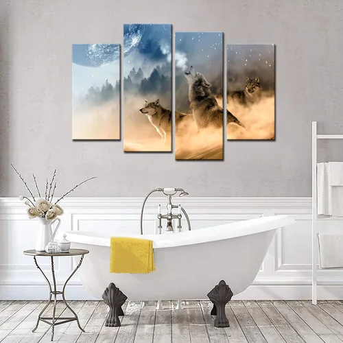 Vista 5 de Biuteawal - 4 piezas de arte de pared de animales de lobo aullando a la luna, póster de arte impreso de vida silvestre para decoración moderna