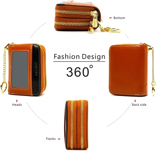Vista 3 de ANDOILT Cartera pequeña de piel auténtica para mujeres y hombres, bloqueo RFID, con doble cremallera, acordeón, tarjetero y llavero, L1 marrón