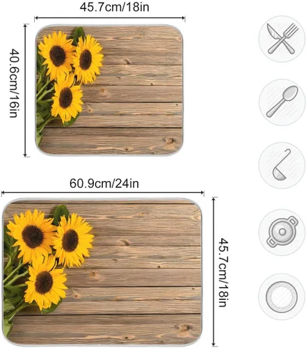 Vista 3 de Tapete de secado de platos, girasoles en madera, tapete de secado reversible absorbente de flores, tapete de secado de platos, tapete para secar