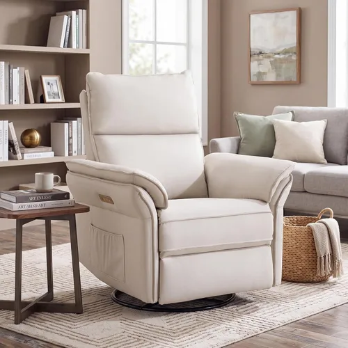Vista 12 de Sillón reclinable giratorio de gran tamaño con reposacabezas ajustable, mecedora para guardería con reposabrazos sobrerelleno, silla reclinable Beige
