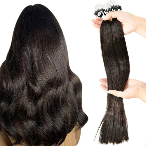 Vista 27 de Extensiones de cabello humano microlink de 16 pulgadas, extensiones de cabello natural suave de microcuentas, color #1 negro azabache, 100% cabello