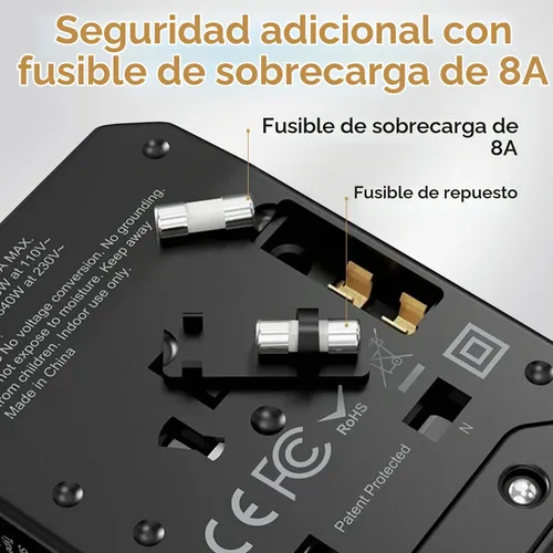 Vista 5 de Adaptador de viaje universal, adaptador de enchufe internacional Unidapt de 5.6A, alimentación inteligente 3.0A 4 USB 1 tipo C, adaptador
