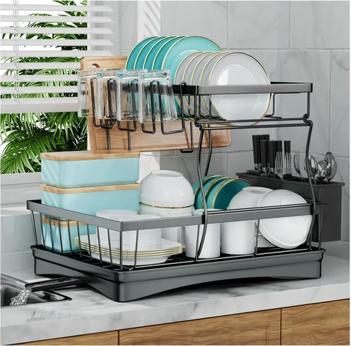 Vista 8 de 7 code - Escurridor grande de platos, escurridor de 2 niveles para mostrador de cocina, organizador desmontable de escurridor de platos de gran