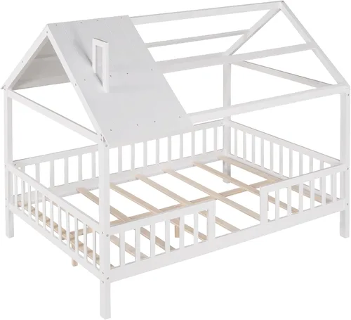 Vista 5 de Merax Cama de casa completa para niños, marco de cama matrimonial de madera en forma de casa, marco de cama con ventanas de techo y barandillas
