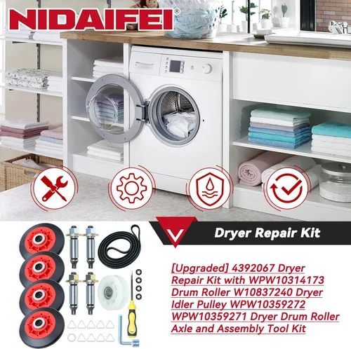 Vista 2 de [Upgraded] 4392067 Dryer Repair Kit with WPW10314173 Drum Roller 279640 Dryer Idler Pulley 661570v Belt WPW10359272 WPW10359271 Dryer Drum Shaft for