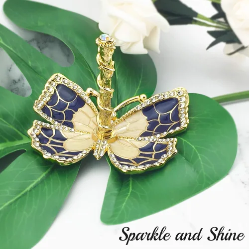 Vista 3 de Matashi Organizador de joyas de mariposa chapado en oro con esmalte azul y cristales, elegante soporte para anillos, regalo ideal para ella