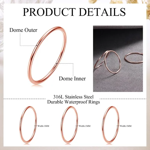 Vista 2 de LOYALLOOK 3 anillos midi de acero inoxidable de 0.039 pulgadas para mujer, con banda lisa, apilables, ajuste cómodo, color platadoradorosa, Acero