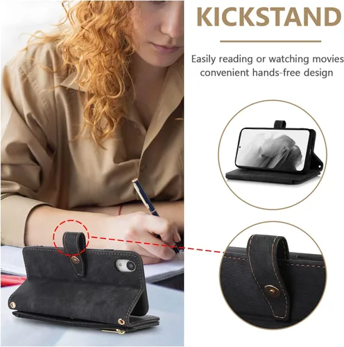 Vista 3 de UEEBAI Funda para iPhone XR, 9 ranuras para tarjetas, cartera de cuero retro, a prueba de golpes, con correa de mano, ranuras para tarjetas Negro
