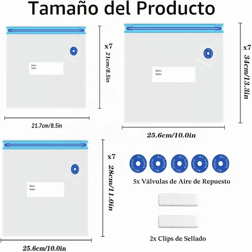 Vista 2 de Bolsas Sous Vide 28 piezas, sin BPA, reutilizables, con válvula de aire, almacenamiento de alimentos de doble capa para cocinar, almacenar alimentos