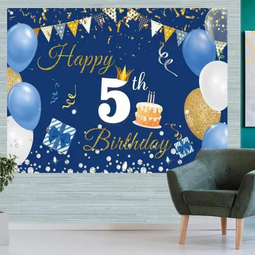 Vista 5 de Cartel de fondo de 5º cumpleaños para niños y niñas, azul, 59 x 35.4 pulgadas Póster de tela con letrero de fondo, suministros de fiesta de quinto