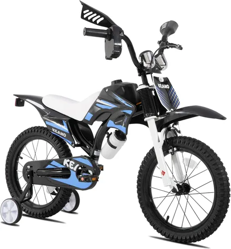 Vista 12 de KEANO - Bicicleta estilo motocross para niños y niñas de 12 y 16 pulgadas, con ruedas de entrenamiento y placa numérica, bicicletas para niños de 3