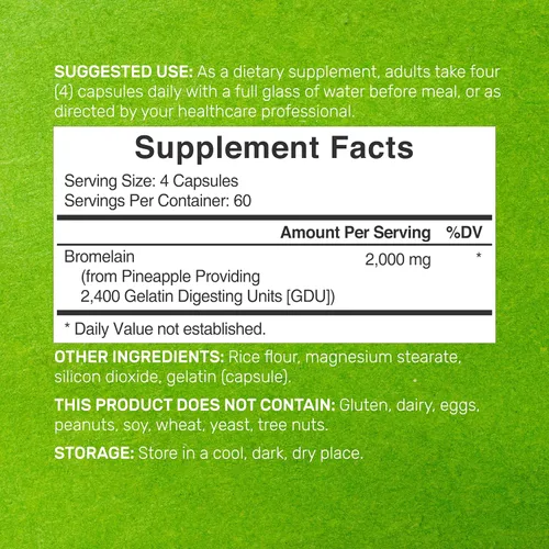 Vista 2 de Suplemento de bromelina 2,000 mg por porción, 240 cápsulas – Enzimas proteolíticas naturales de piña fresca – Apoya la digestión de nutrientes
