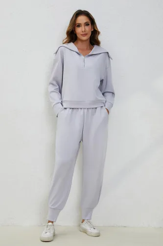 Vista 6 de Meladyan Conjunto deportivo de 2 piezas para mujer, sudadera de manga larga con solapa y media cremallera, pantalones deportivos de cintura alta