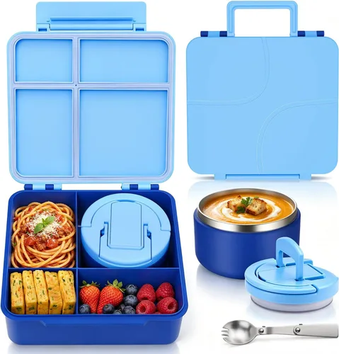 Vista 10 de MAXSO Set de Lonchera Bento para Niños con Termo de Sopa de 8 oz, Envase para Comida Caliente a Prueba de Fugas con 4 Compartimentos, Tarro
