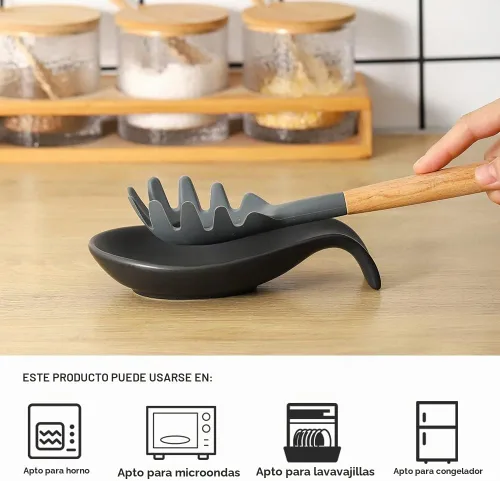 Vista 4 de Nihow Soporte de cuchara de cerámica: 4 pulgadas de soporte estable para utensilios - Soporte de cuchara resistente al calor para encimera de negro