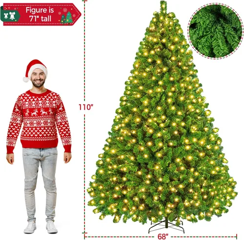 Vista 3 de Yaheetech - Árbol artificial de Navidad preiluminado de 9 pies con luces incandescentes de color blanco cálido, árbol de Navidad preiluminado Verde