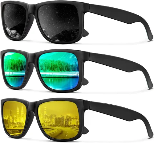 Vista 29 de KALIYADI Sunglasses Men Polarized Sun glasses for Mens Womens Classic Matte Black Frame UV Protection 3pack negro + negro + amarillo + amarillo