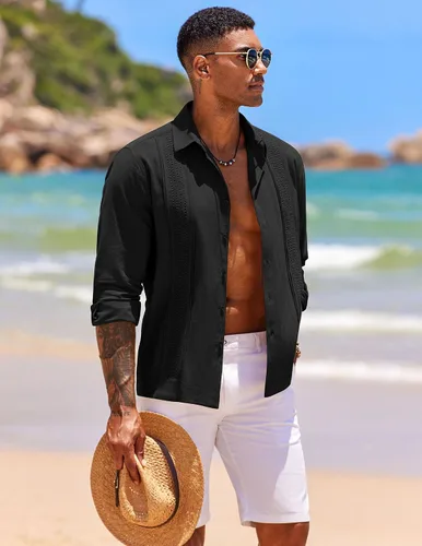 Vista 3 de COOFANDY Camisas de guayabera cubana para hombre, de manga larga, informal, con botones, de algodón, para la playa