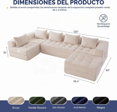 Vista 2 de MAXYOYO Sofá modular seccional, sofá plegable en forma de U con almohadas, sofá tumbona copetudo de 6 asientos sin huesos para sala de estar,