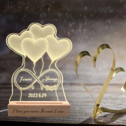 Vista 5 de Luz nocturna personalizada con ilusión 3D con base de madera, lámpara de corazón personalizada con texto de imagen, luz nocturna LED acrílica