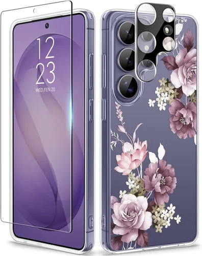 Vista 35 de GVIEWIN Funda protectora para Samsung Galaxy S25, transparente floral, delgada, a prueba de golpes, para mujer, no se pone amarilla, con protector