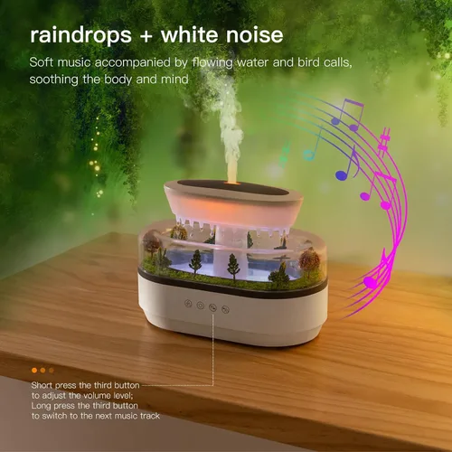 Vista 5 de Difusor de Aceites Esenciales 250ML Humidificador Nube Difusor de Goteo de Agua de Lluvia Humidificador con Música de Goteo Micro Paisaje Difusor